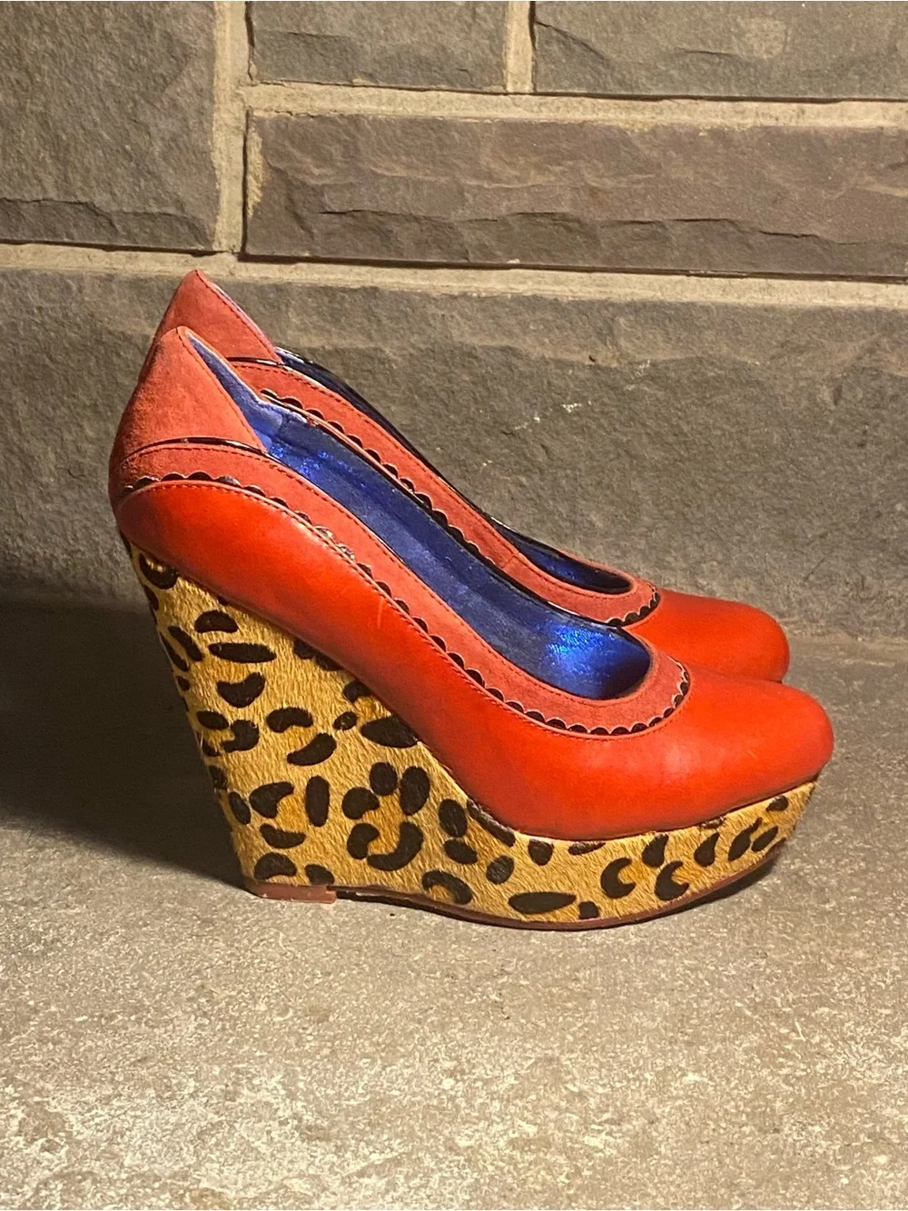 Irregular Choice Body Love platform wedges,red leather,leopard faux fur,in box,7